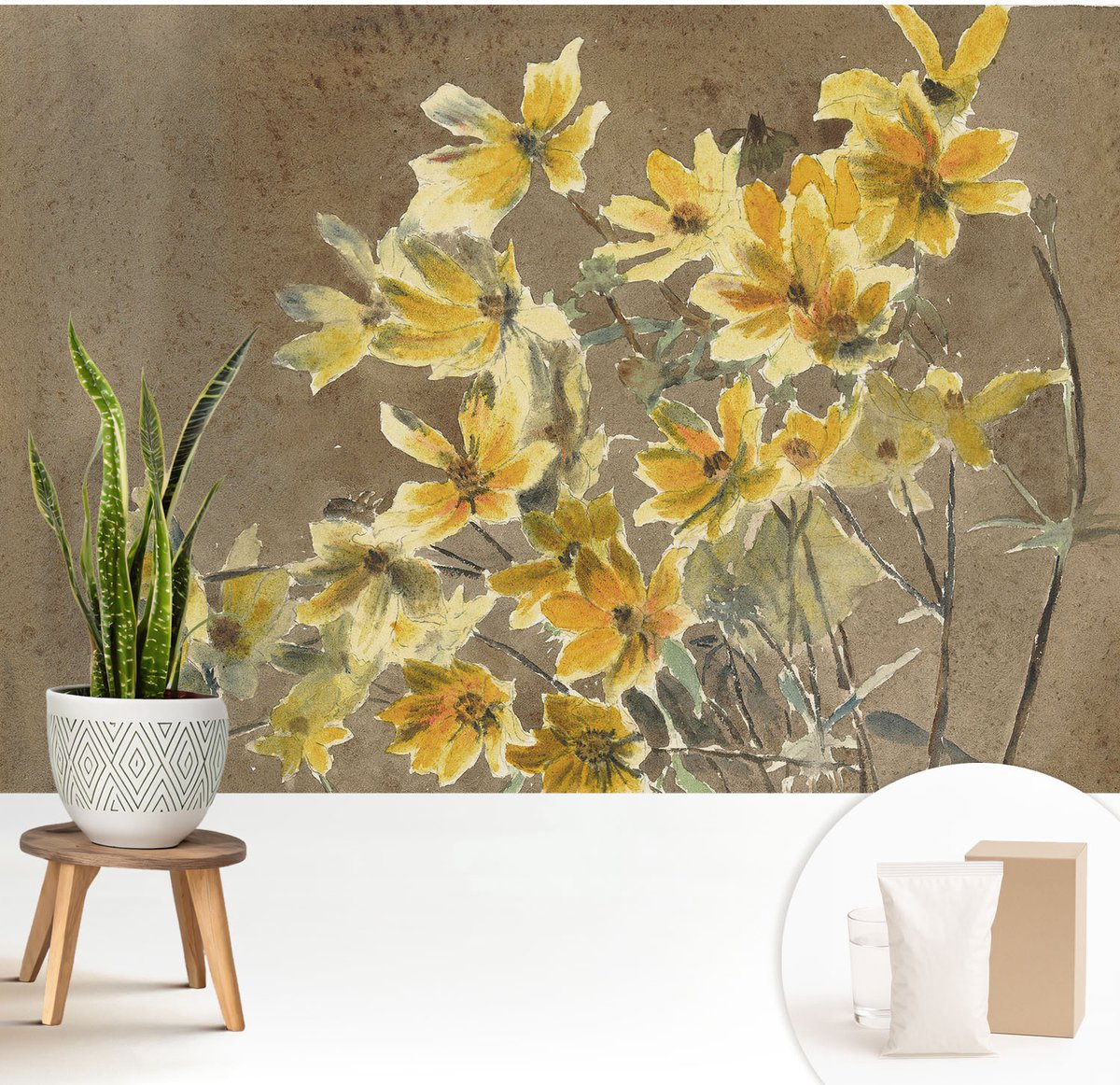 Wallfluent Fotobehang - Bruin Vliesbehang - 208x146 cm - Zonnig Boeket Muurschildering - Gang behang Bloemen En Planten - Fotobehang Vlies - Slaapkamer behang