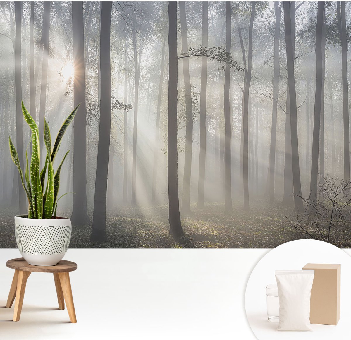 Wallfluent Fotobehang - Grijs Vliesbehang - 208x146 cm - Etherisch Woud Fotobehang Vlies - Hal behang Landschappen - Muurschildering - Woonkamer behang