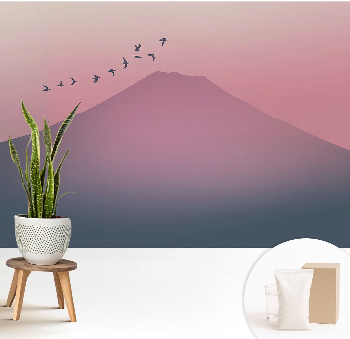Wallfluent Fotobehang - Roze Vliesbehang - 208x146 cm - Bergwesten Muurschildering - Slaapkamer behang Landschappen - Fotobehang Vlies - Slaapkamer behang