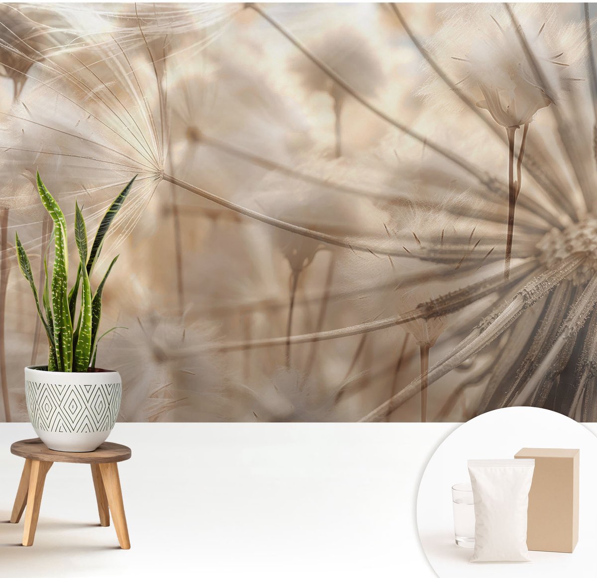 Wallfluent Fotobehang - Beige Vliesbehang - 208x146 cm - Subtiele Paardenbloemen Muurschildering - Gang behang Bloemen En Planten - Fotobehang Vlies - Gang behang