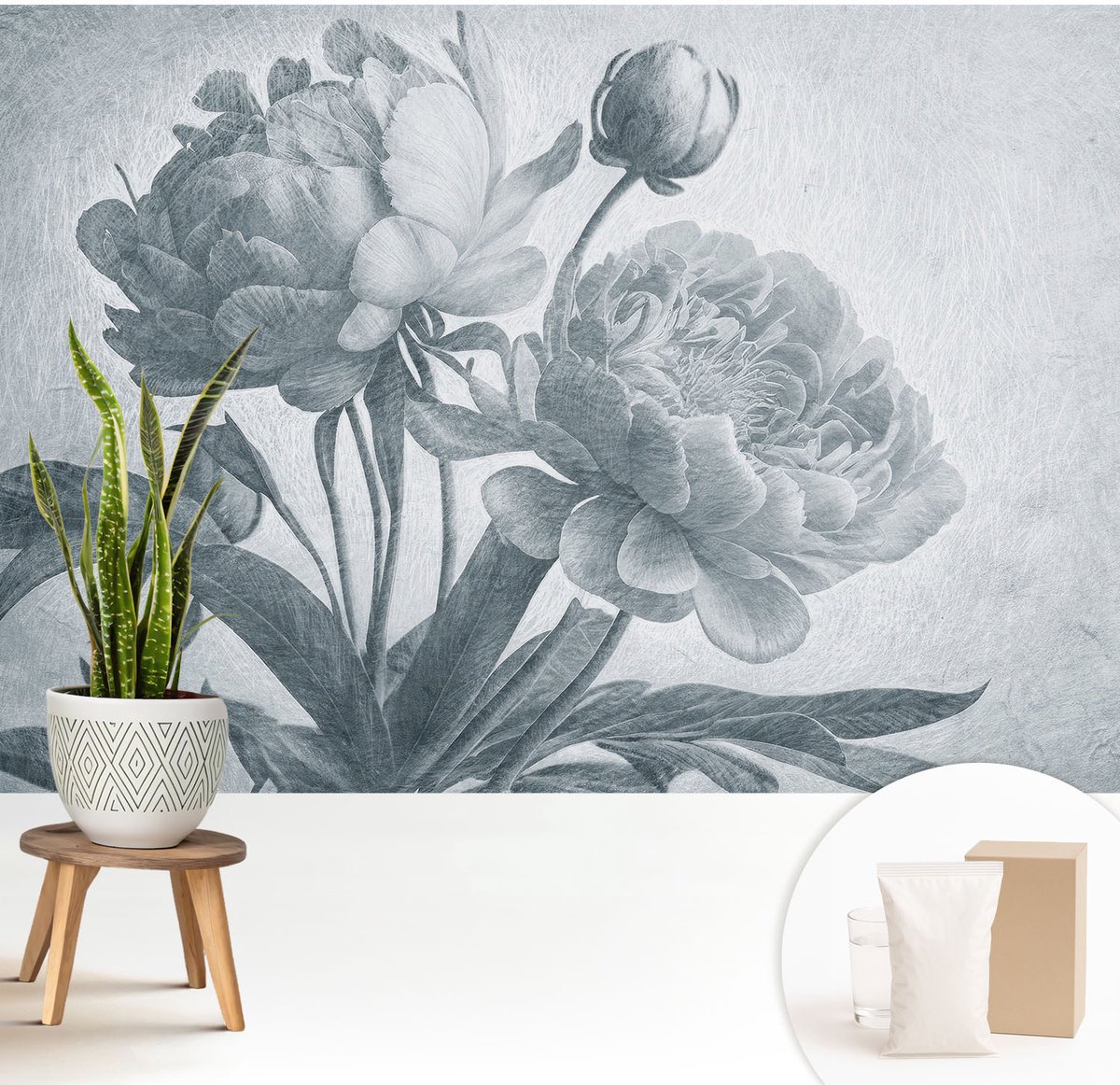 Wallfluent Fotobehang - Grijs Vliesbehang - 208x146 cm - Bloemenchic Muurschildering - Slaapkamer behang Bloemen En Planten - Fotobehang Vlies - Slaapkamer behang