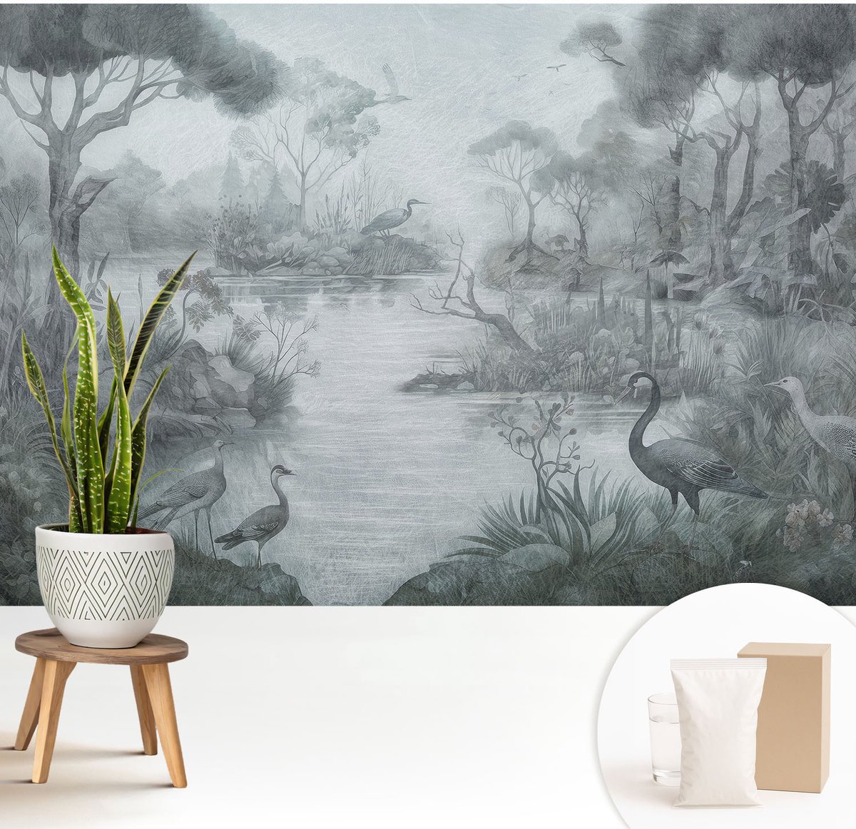 Wallfluent Fotobehang - Grijs Vliesbehang - 208x146 cm - Natuurlandschap Muurschildering - Gang behang Landschappen - Fotobehang Vlies - Slaapkamer behang