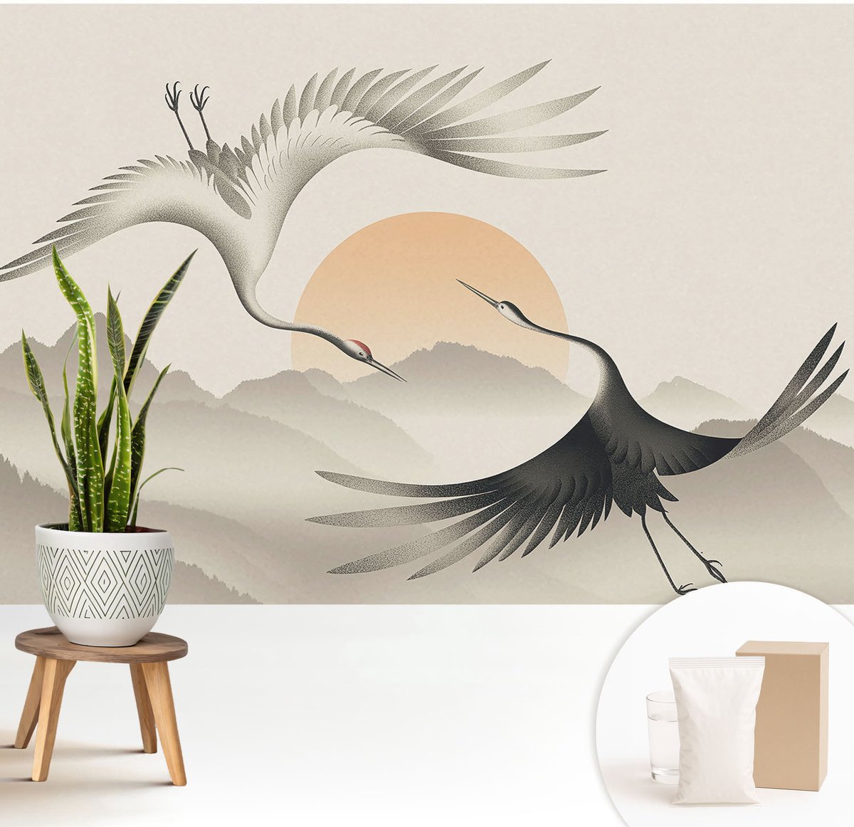 Wallfluent Fotobehang - Wit Vliesbehang - 208x146 cm - Oostelijke Kranen Muurschildering - Slaapkamer behang Landschappen - Fotobehang Vlies - Slaapkamer behang