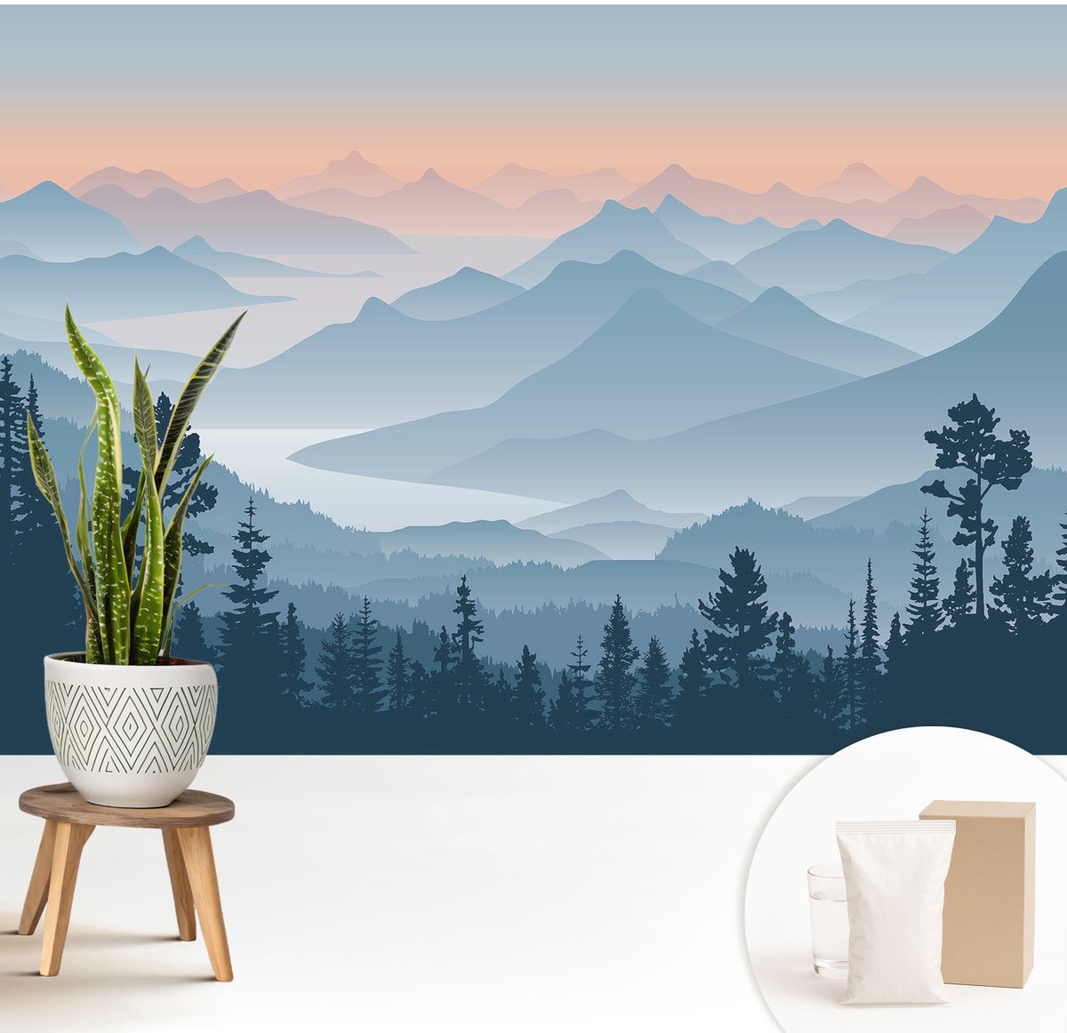 Wallfluent Fotobehang - Zwart Vliesbehang - 208x146 cm - Bergpanorama Fotobehang Vlies - Woonkamer behang Landschappen - Muurschildering - Woonkamer behang