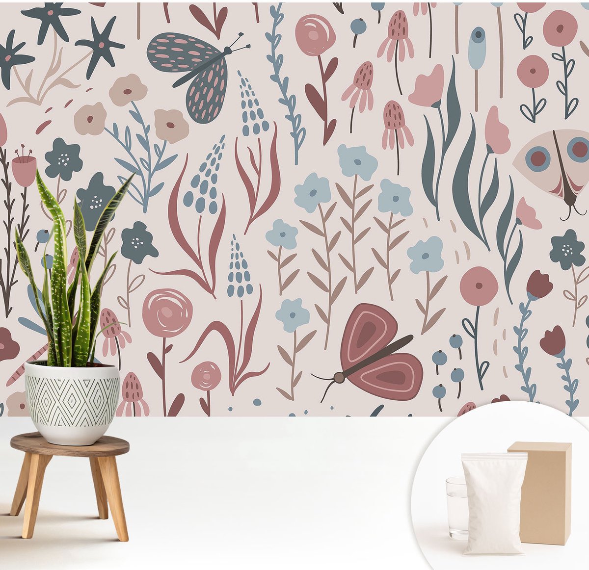 Wallfluent Fotobehang - Roze Vliesbehang - 208x146 cm - Bloemen En Insecten Fotobehang Vlies - Hal behang Bloemen En Planten - Muurschildering - Woonkamer behang
