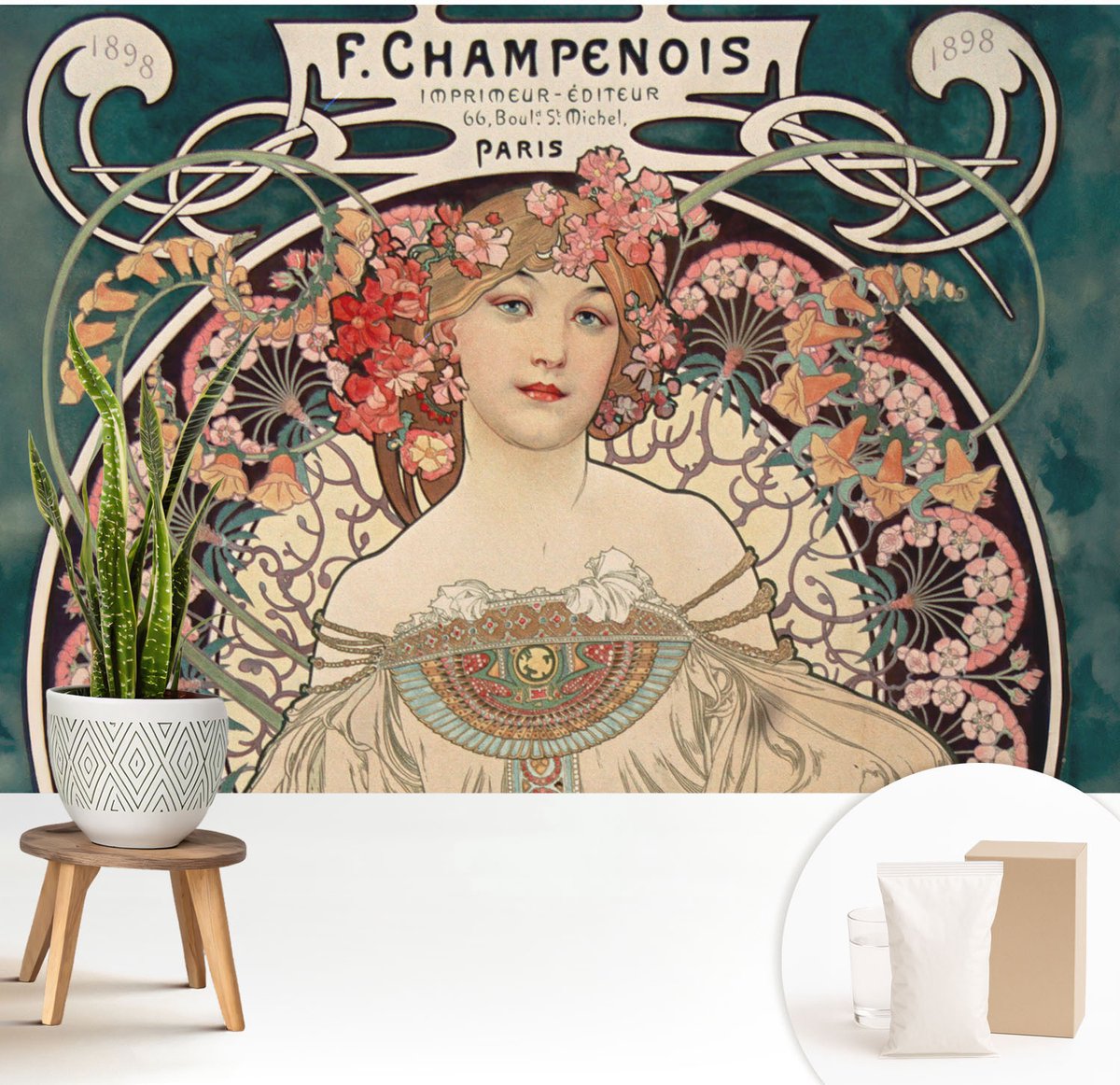 Wallfluent Fotobehang - Grijs Vliesbehang - 208x146 cm - Bloemsymmetrie Muurschildering - Gang behang Deel - Fotobehang Vlies - Slaapkamer behang