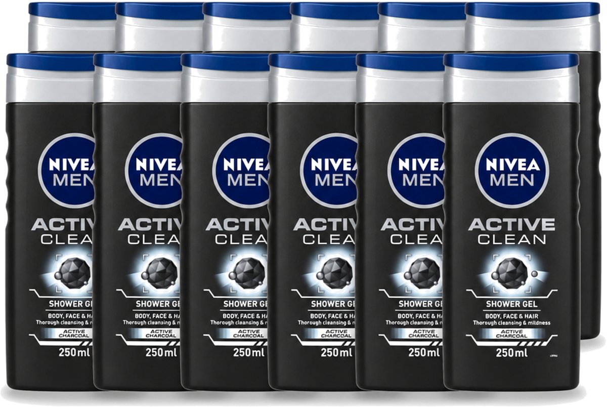 12 x Nivea Men – Douchegel – Active Clean – 250 ml - Voordeelverpakking - 12 stuks