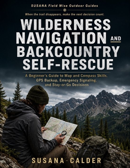 Boekomslag: Wilderness Navigation and Backcountry Self-Rescue met wandelaar die kaart en kompas gebruikt in de bergen.