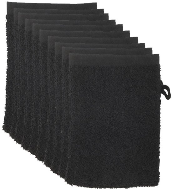 Rangée de dix gants de toilette noirs avec boucle de suspension, présentés en perspective diagonale.