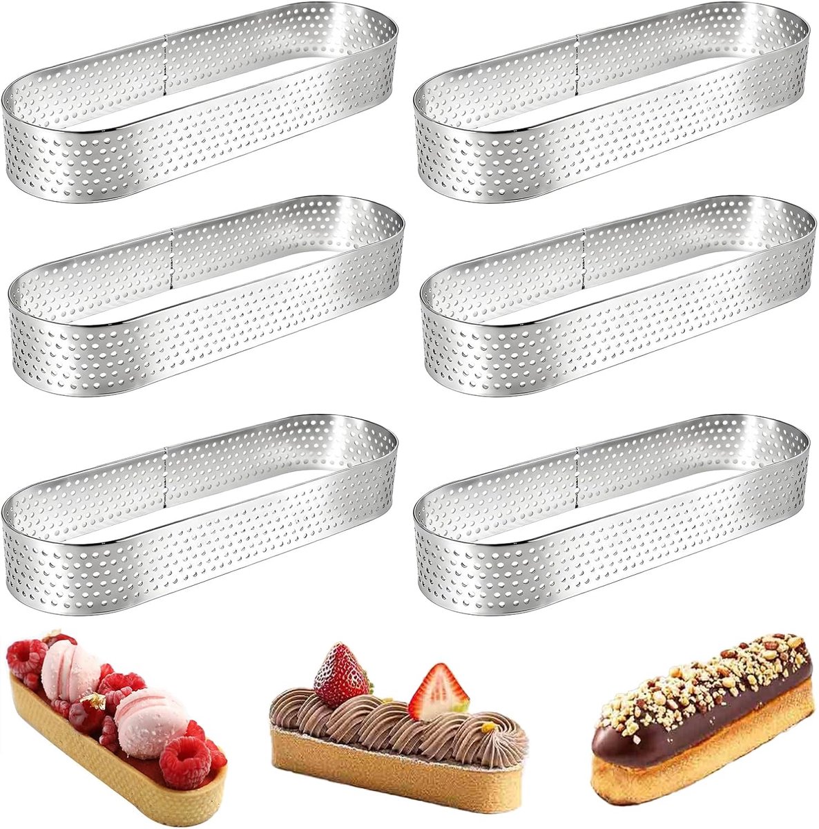 Set van 6 ovale bakvormen van roestvrij staal 304 - Geperforeerde taartvormpjes voor mousse, quiches, Franse desserts