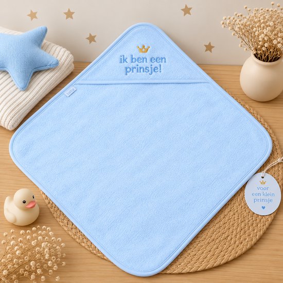 Blauwe Baby Badcape met Capuchon – Baby Handdoek & Badhanddoek – Zachte Omslagdoek – 80x80cm - Kraamcadeau Jongen– Ik Ben een Prinsje — afbeelding 2