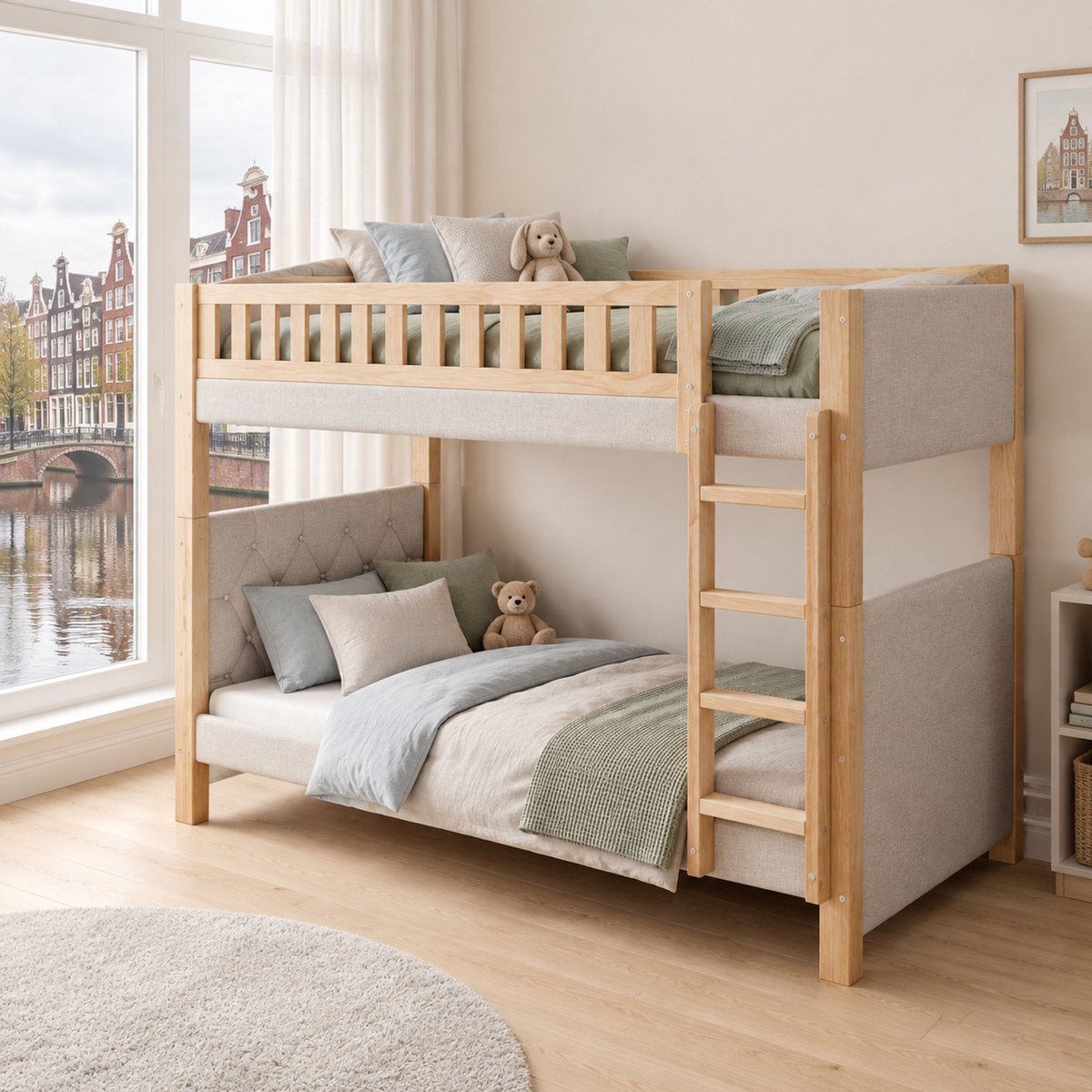WUVRIE Stapelbed 90x200 cm met veiligheidshekken, rechte trap en lattenbodems, grijs/naturel