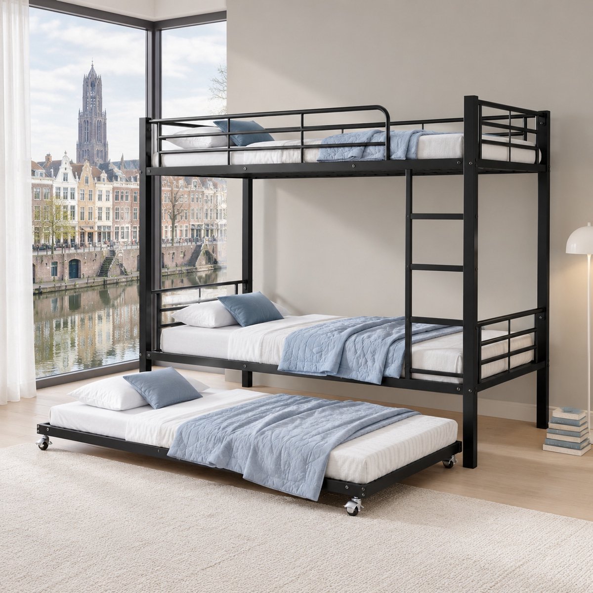 WUVRIE Metalen stapelbed met uitschuifbed 90x200 en 90x190 cm, veiligheidshekken en ladder, zwart