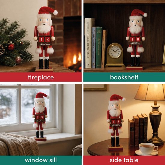 Vier afbeeldingen van een houten kerstman notenkraker op verschillende locaties: haard, boekenplank, vensterbank en bijzettafel.