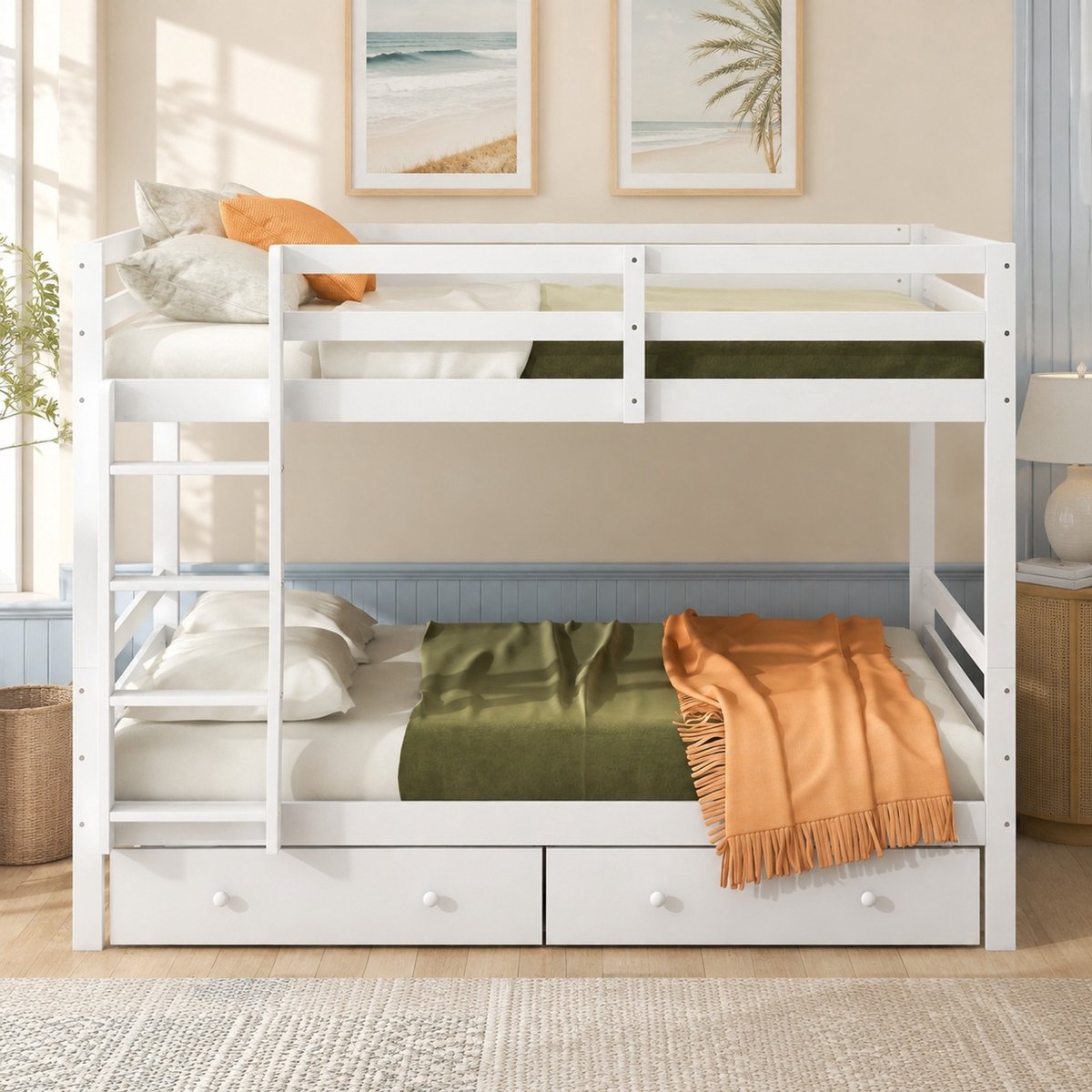 WUVRIE Stapelbed 140x200 cm met trap, hoge uitvalhekken, lades en opbergruimte, wit