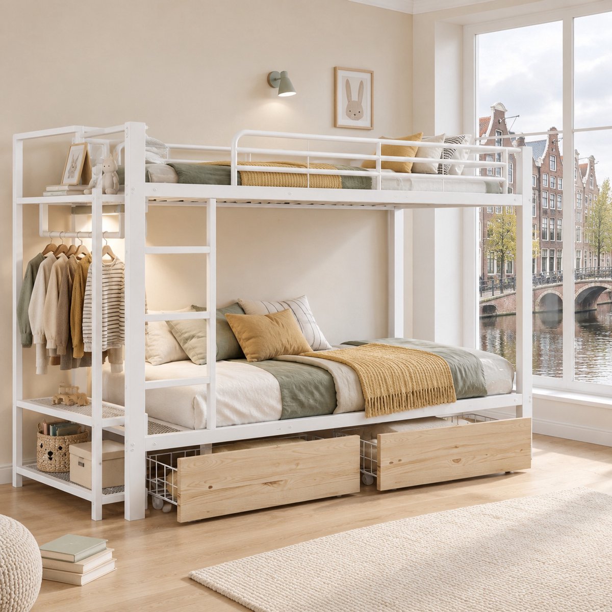 WUVRIE Stapelbed 90 x 200 cm met LED-verlichting, 2 lades, opbergrekken en kledingstang, wit