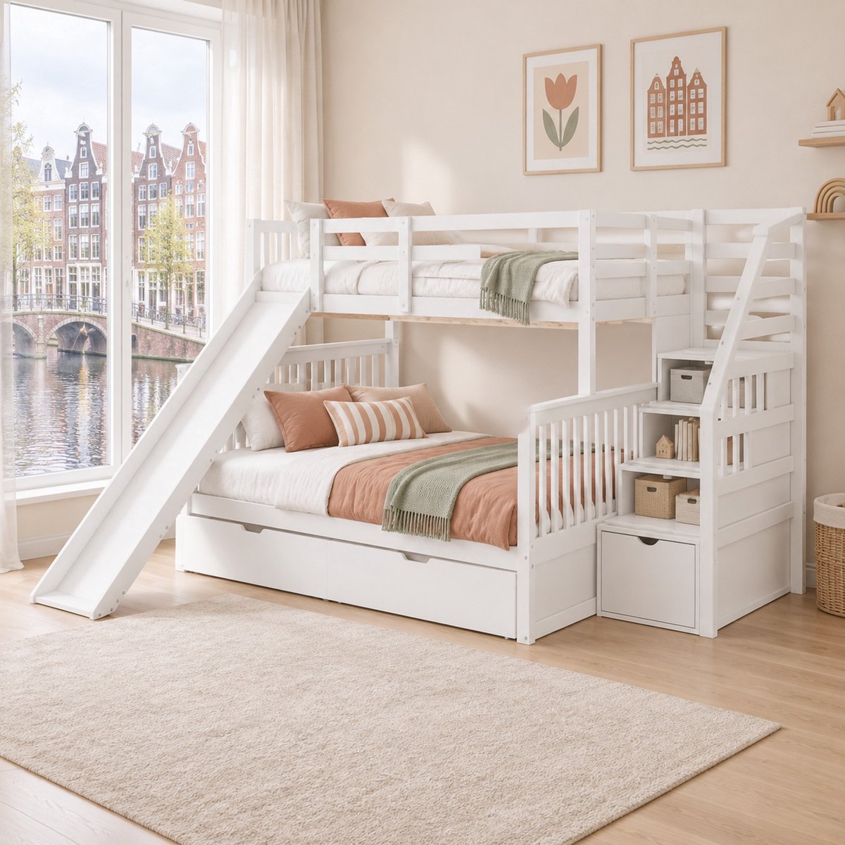 WUVRIE Stapelbed 90x200 en 140x200 cm met glijbaan, trap, 2 lades en opbergruimte, antiekwit