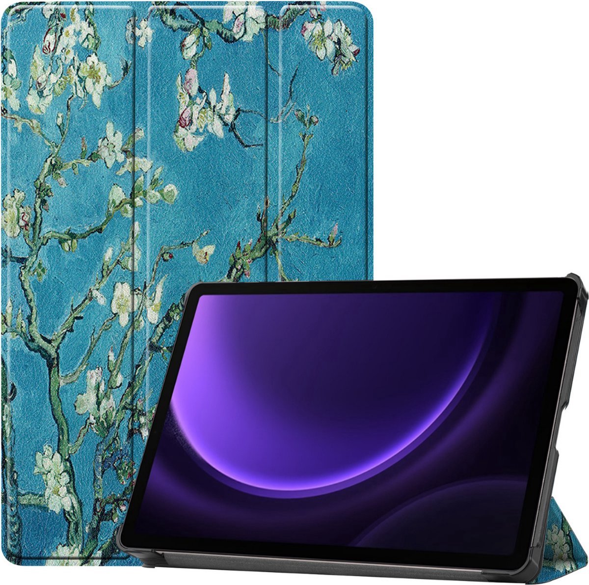 Tablethoes geschikt voor Samsung Galaxy Tab S9 Plus / S9 FE Plus / S10 Plus (2023/2024) - 12.4 Inch - Tri-fold book case - Auto Sleep/Wake functie - Witte bloesem