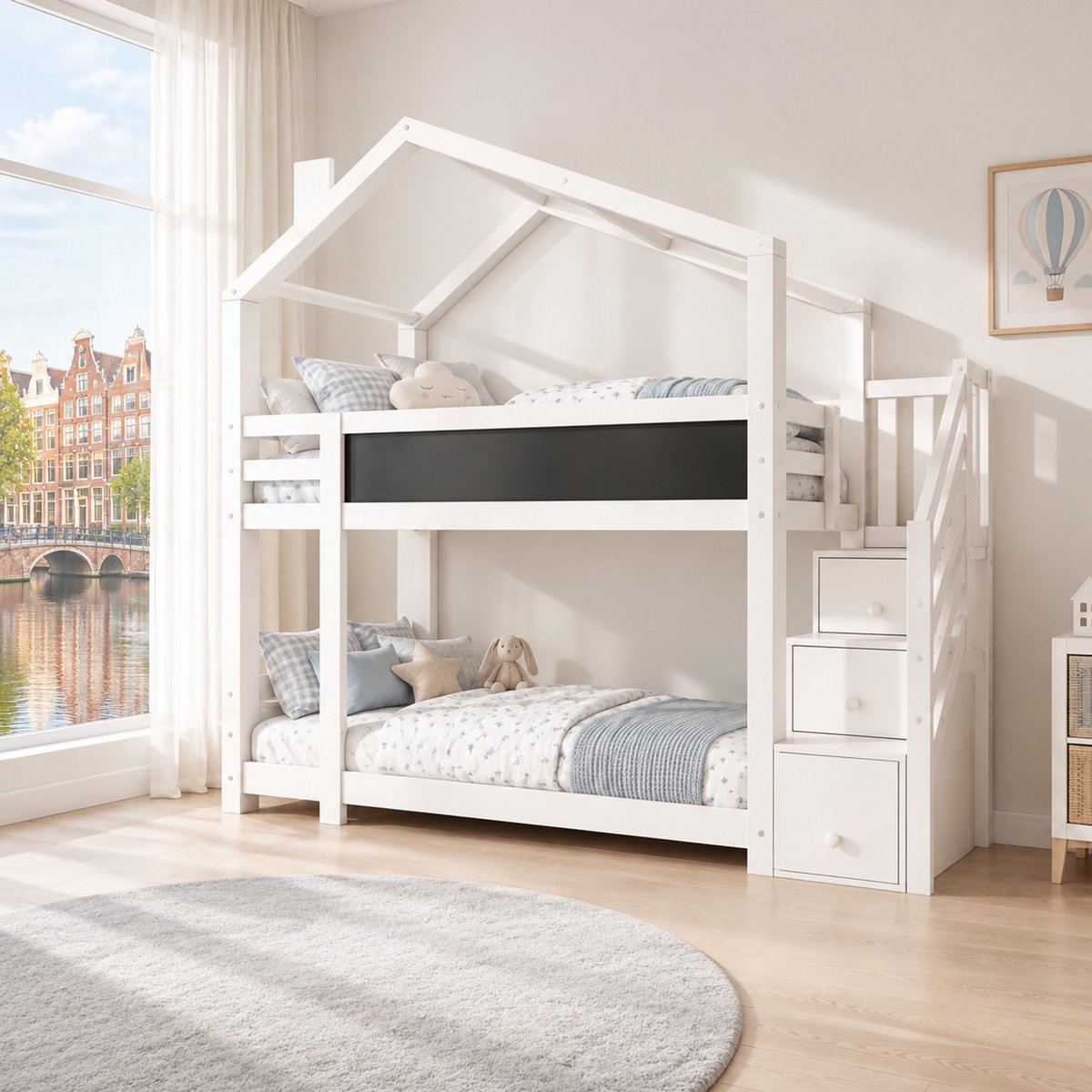 WUVRIE Kinderstapelbed 90x200 cm in boomhuisvorm met opbergtrap, krijtbord en valbescherming, wit