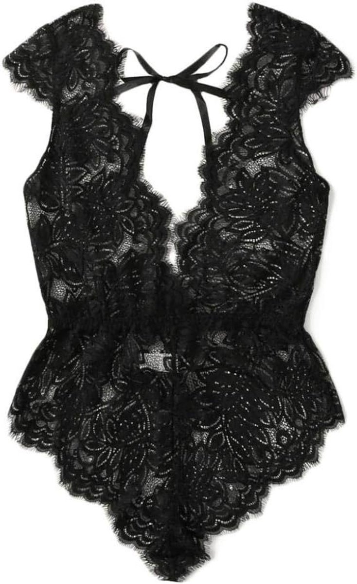 Sets met nachtmode & ochtendjas Vrouwen Sexy Nachtkleding Bodysuit Kant Nachtjapon V-hals Sexy Lingerie Zwart Ondergoed set