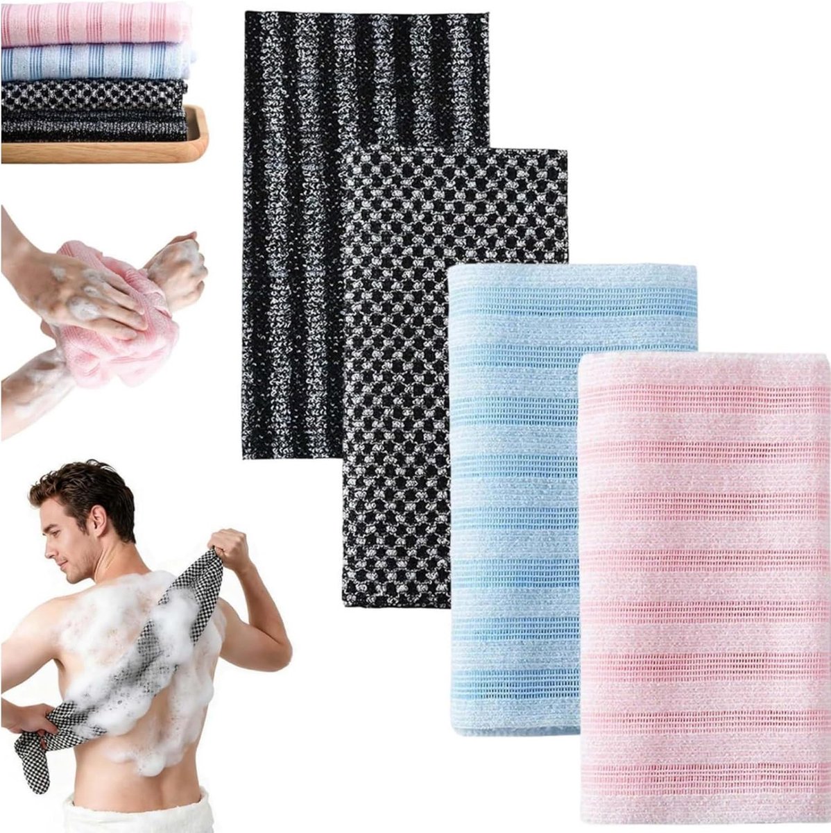 4-delige rugpeeling-handdoek, lange peelinghanddoek, lichaamspeelhanddoek, voor lichaamsreiniging en massage