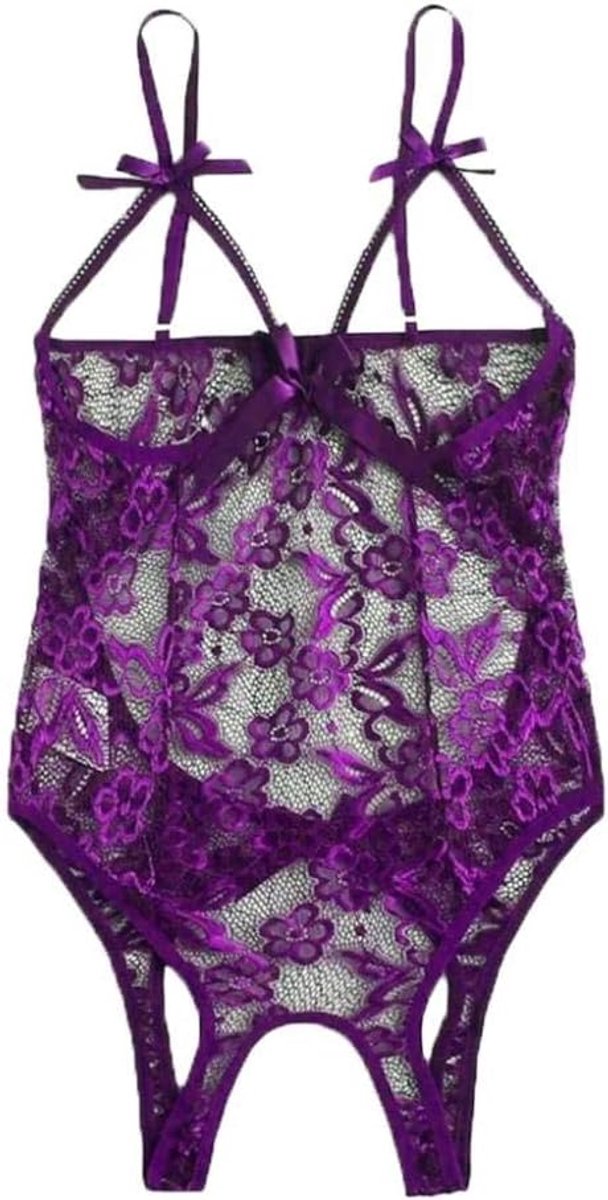 Dameskleding sexy Lingerie Hollow Bow See Through Lace Ondergoed voor dames-Morado_XL