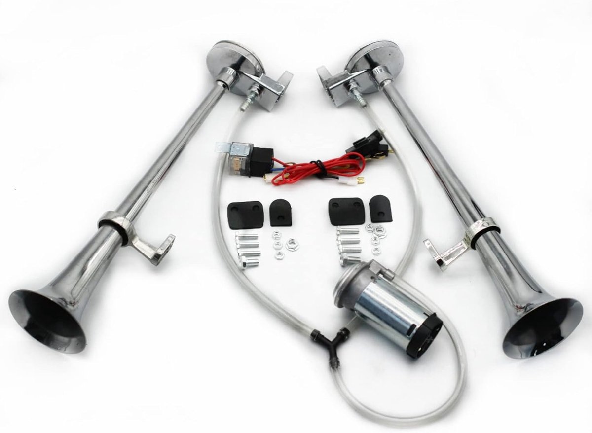 Claxon voor auto, trompet, claxon, chroom, zink, 165 dB, elektrisch, zilver, 12 V, luid en laag geluid, waterdicht, dubbele luchtslang, voor auto, vrachtwagen, jacht