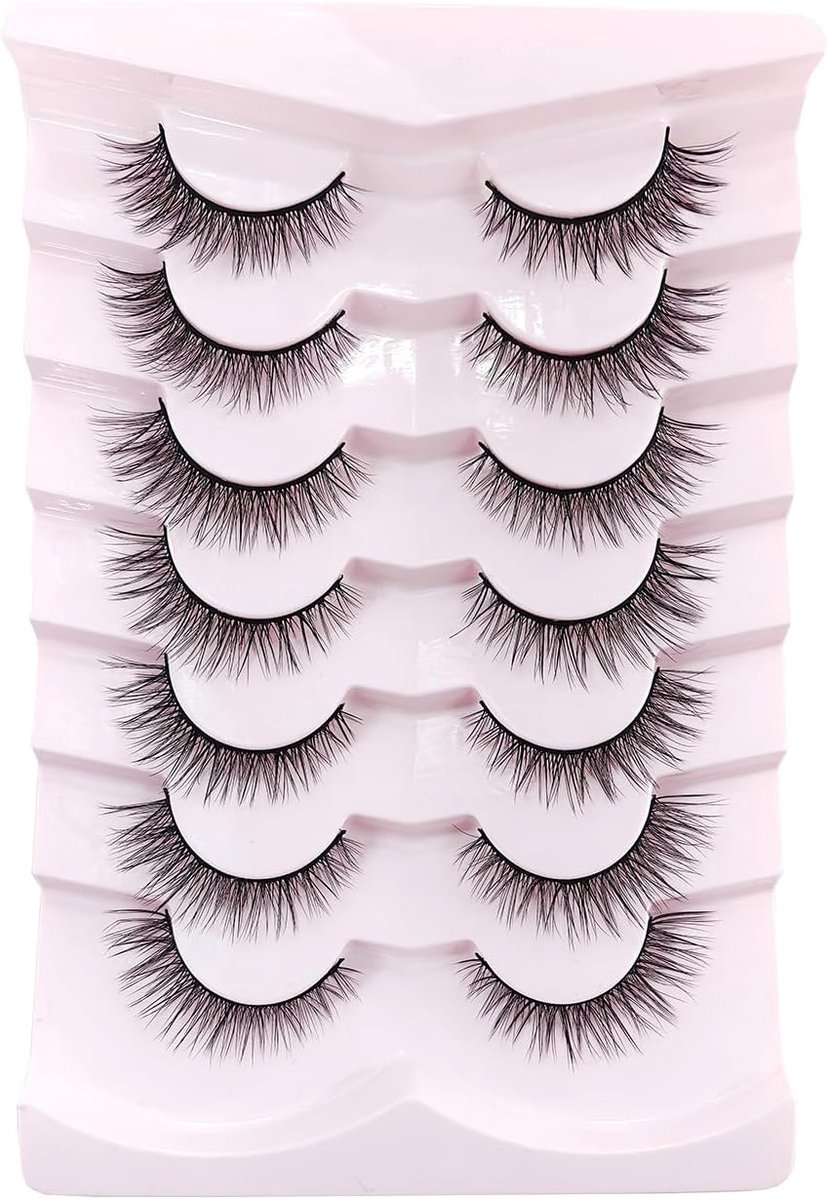 Wimpers, korte wimpers, Wispy nep Mink Lashes met 7 paar natuurlijke look, pluizige kattenoogwimpers, pluizige kattenoogwimpers, pluizige Cat Eye Strip, kleine wimpers
