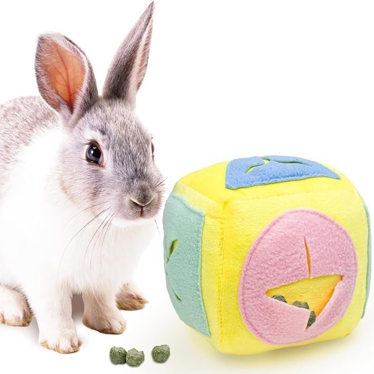 Speelgoed met bel, zacht wasbaar puzzel-voerspel, anti-verveling voor bunnies, neusbal, treatdispenser, oefenverrijkingsspeelgoed voor indoor konijnen (1, roze)