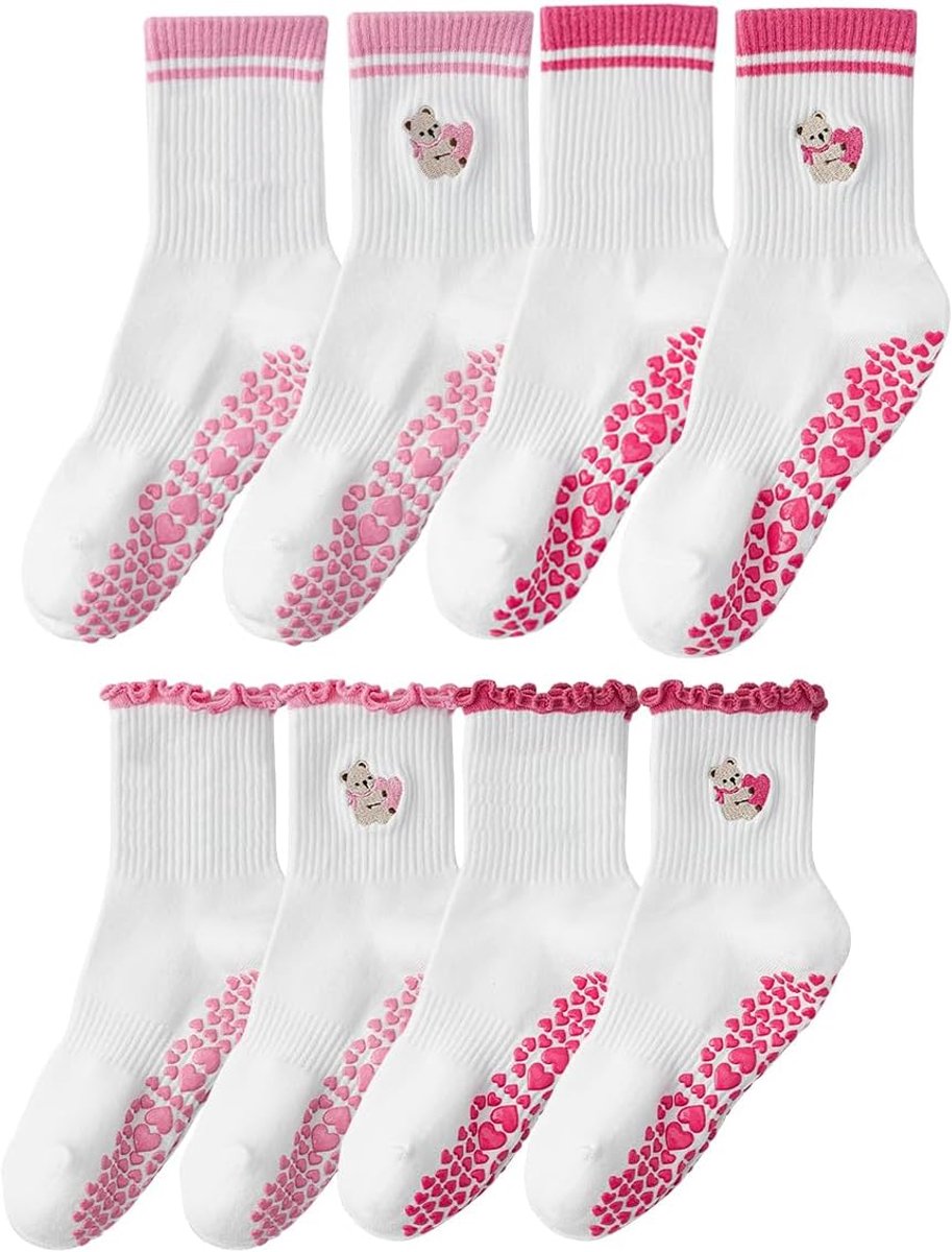 Set van 4 paar yogasokken voor dames, antislip, middelhoge pilatessokken met ABS-noppen, schattige diermotieven, stoppersokken voor fitness, barre, dans, gymnastiek, maat 35-42
