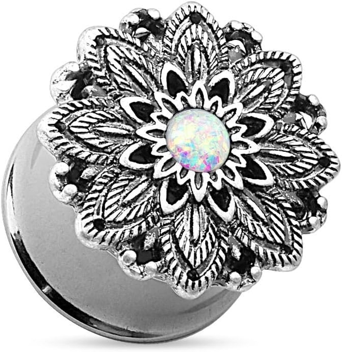 Lotus-bloem antiek zilver synthetische opaal roestvrij staal oor piercing oor sieraden double flared tunnel zadelsluiting 5-16 mm
