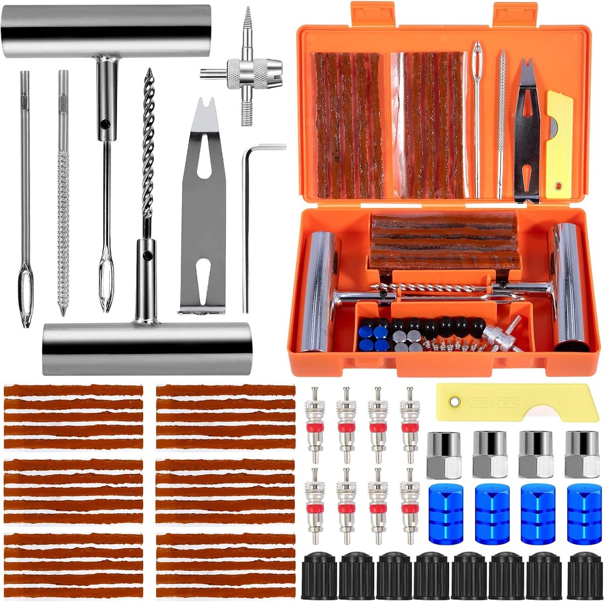 64-delig bandenreparatieset, banden reparatieset auto, draagbaar autoband reparatieset, banden reparatie set, banden flikset auto, autoband flikset lekkebandset voor auto, tractor, vrachtwagen