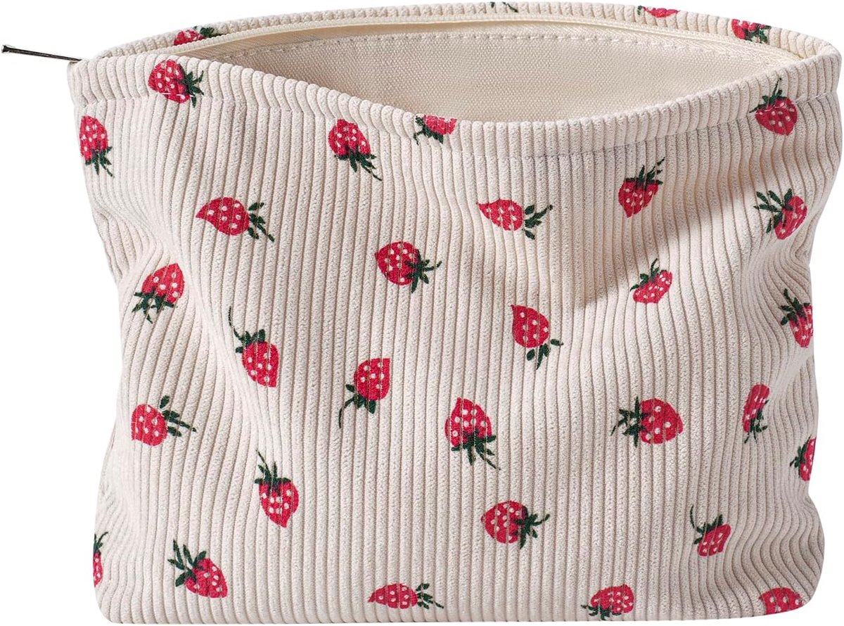 Zachte corduroy ritssluiting make-up tas voor portemonnee, kokette esthetische tas met aardbeienpatroon voor vrouwen en meisjes, opslag van borstels, reis-cosmeticatasjes