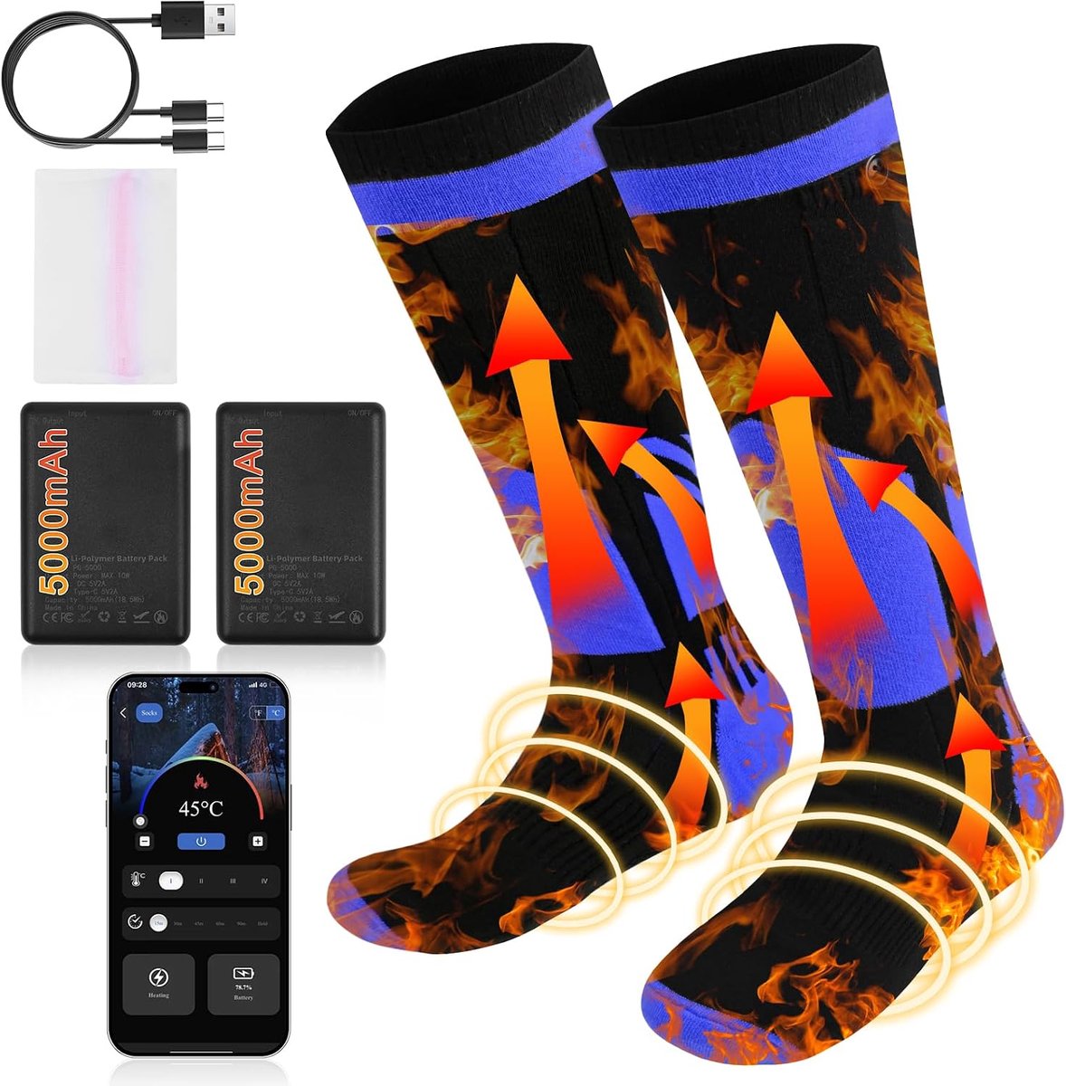 Sokken, verwarmde sokken voor dames en heren, 5000 mAh accu, elektrische warmtesokken, oplaadbare verwarmende sokken met app of afstandsbediening, geschikt voor outdoor, skiën, kamperen