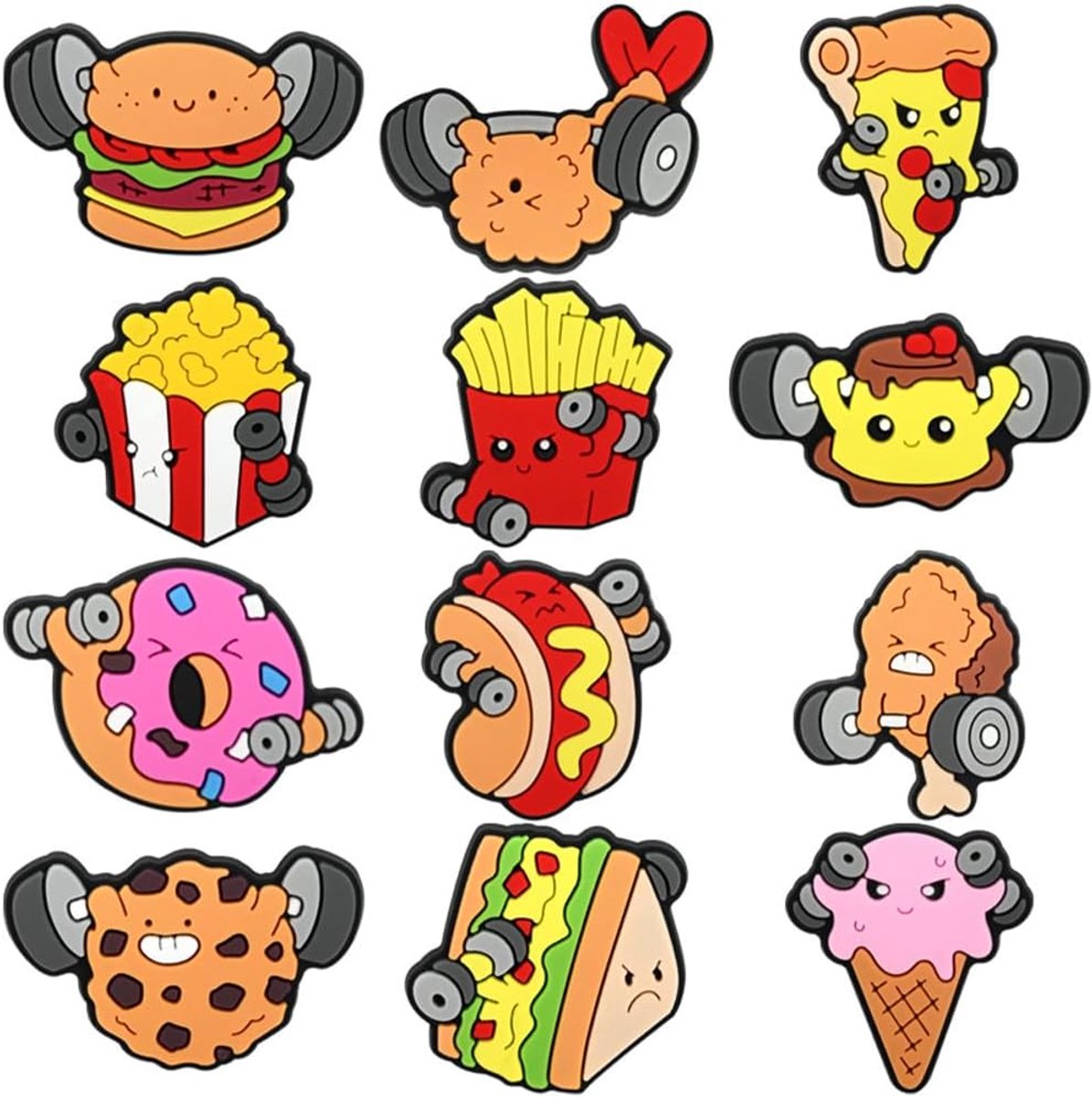 Bedels voor donutklompen, friet, hamburgers enz., schoensieraden, schoenhangers, bedels voor kinderen, meisjes, jongeren, waaiers