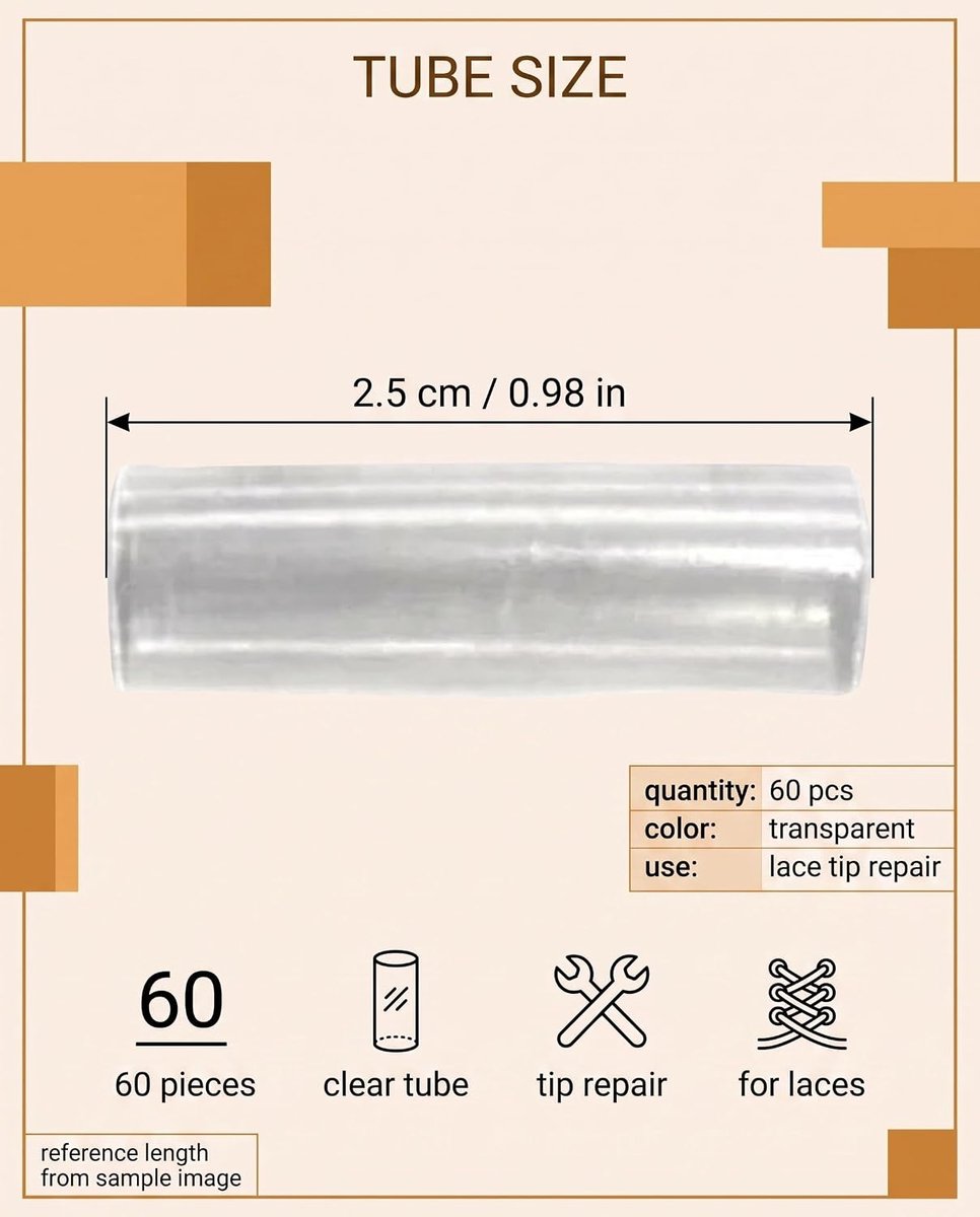 Krimppunten voor veters, set van 60 stuks, 2,5 cm, transparante kunststof buizen voor reparatieset, voorkomt rafelen en opnieuw inkorten van sneakers zonder gereedschap