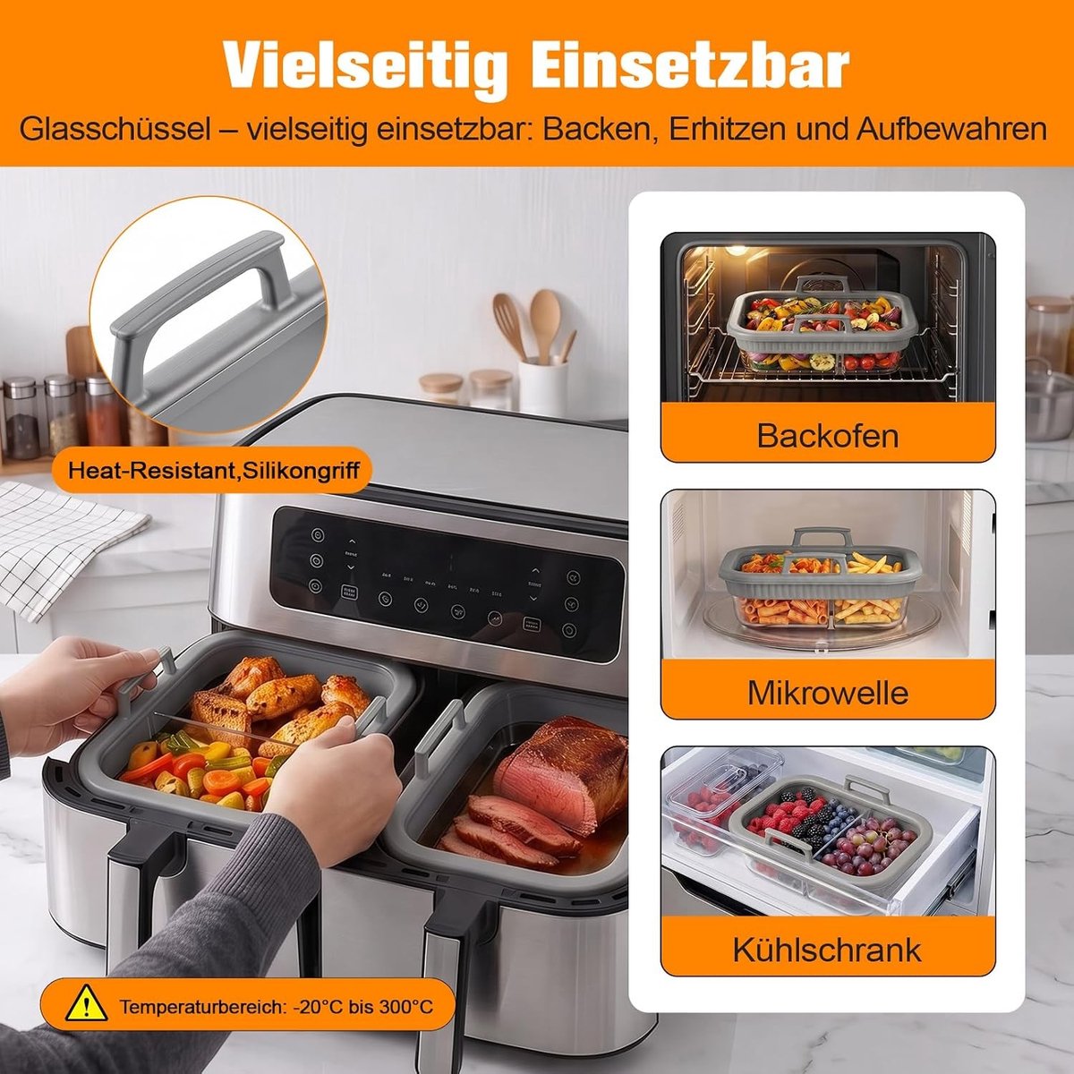 Baking Dish voor Airfryer met Siliconen Handvatten, 2 Stuks, Vaatwasserbestendig, Glas, Grijs, Ideaal voor Gezonde Maaltijden