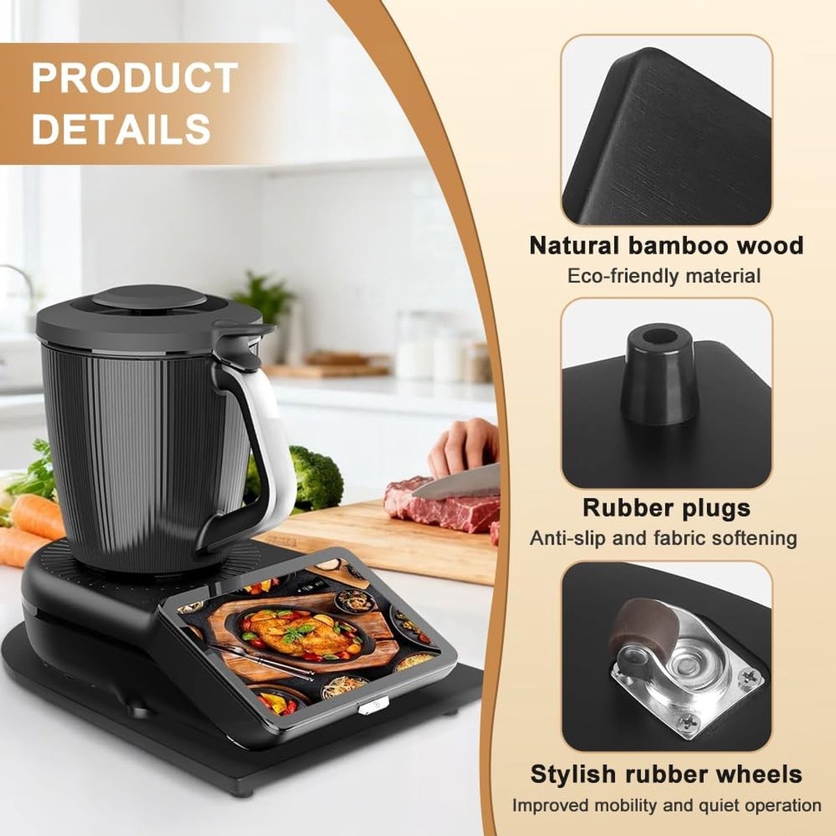 Bamboe glijplank met 360° wielen en antislip rubberen voetjes voor Thermomix - Bescherm je werkblad en verbeter mobiliteit met accessoires voor keukenmachines