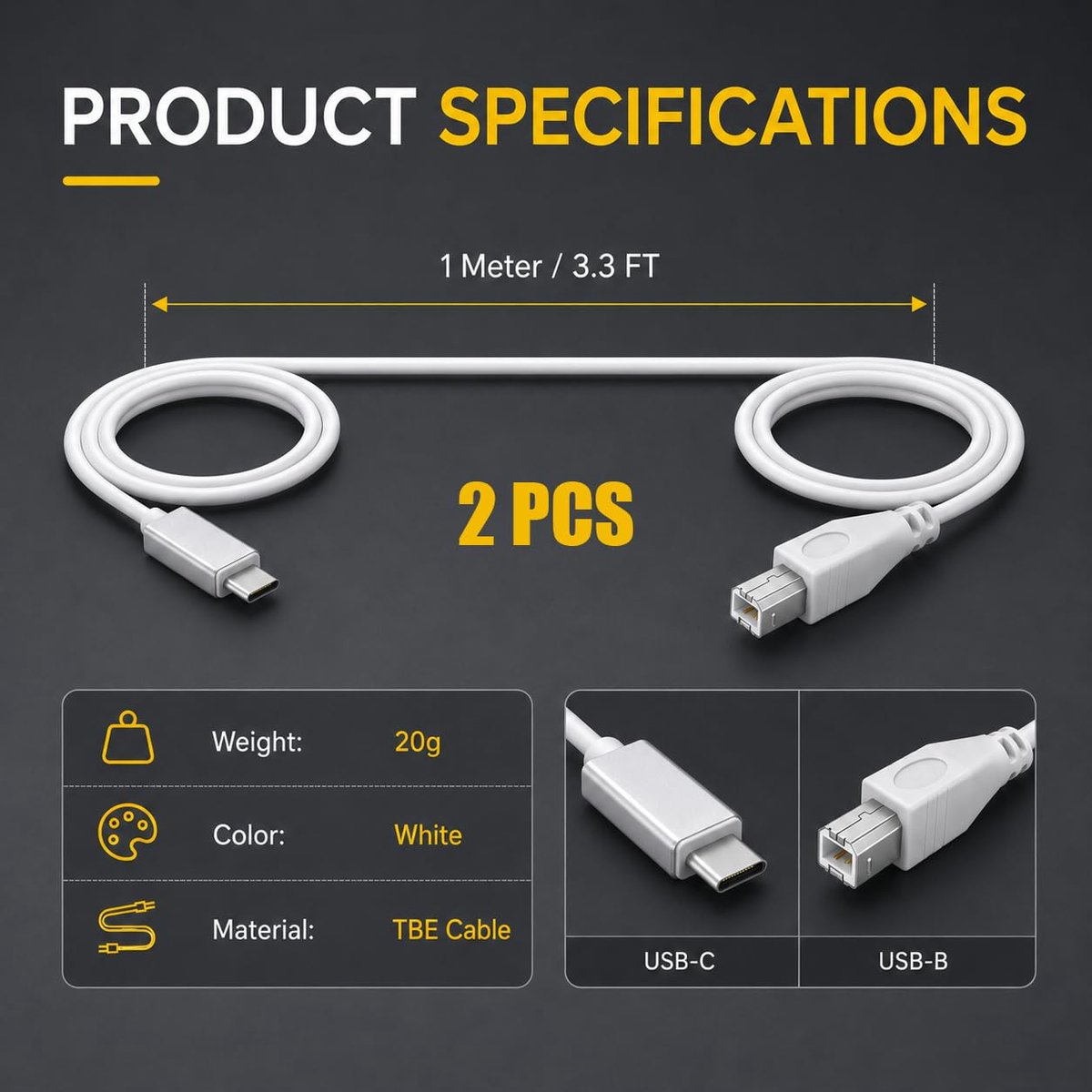 2 stuks scannerkabel USB C naar USB B, kabel compatibel met scanner, printer en externe harde schijf, overdracht 480 Mbps, duurzaam gevlochten nylon voor computer en tablet