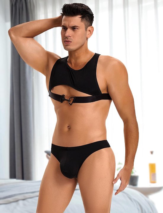 Lingerie set ijszijde Sissy Gay ondergoed mannen tanktop bovendeel met elastische band slip tanga ademend comfortabel sexy sexy lingerie zwart grote maten S-XL — afbeelding 5