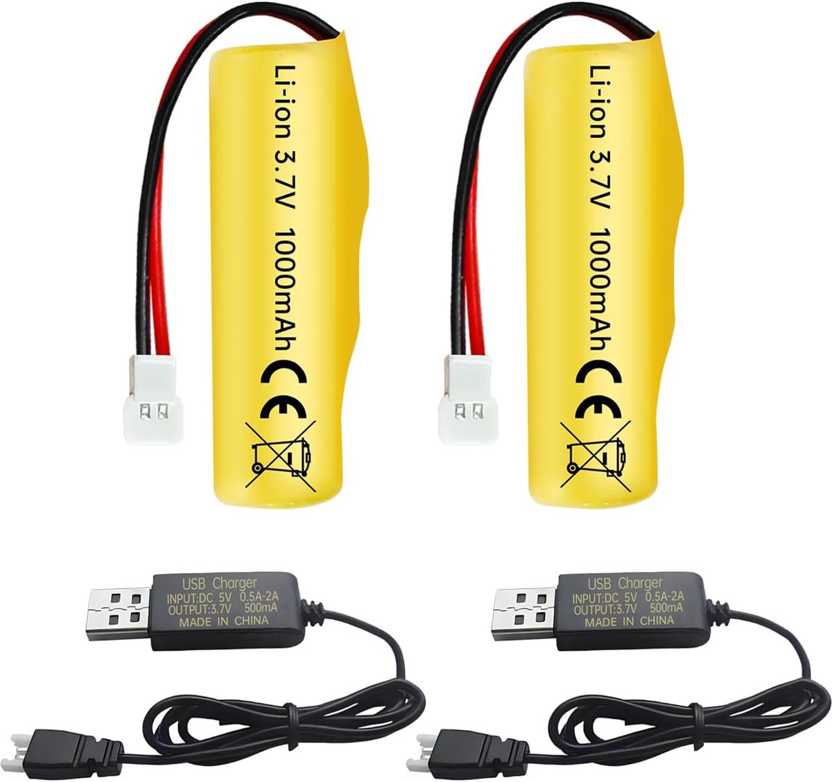 2 stuks 3,7 V 1000 mAh Li-ion batterij met Molex-stekker met USB-oplaadkabel, geschikt voor RC Engineering Car Truck Off-Road Hogesnelheidsvoertuig klimmen Racing Car RC Boot