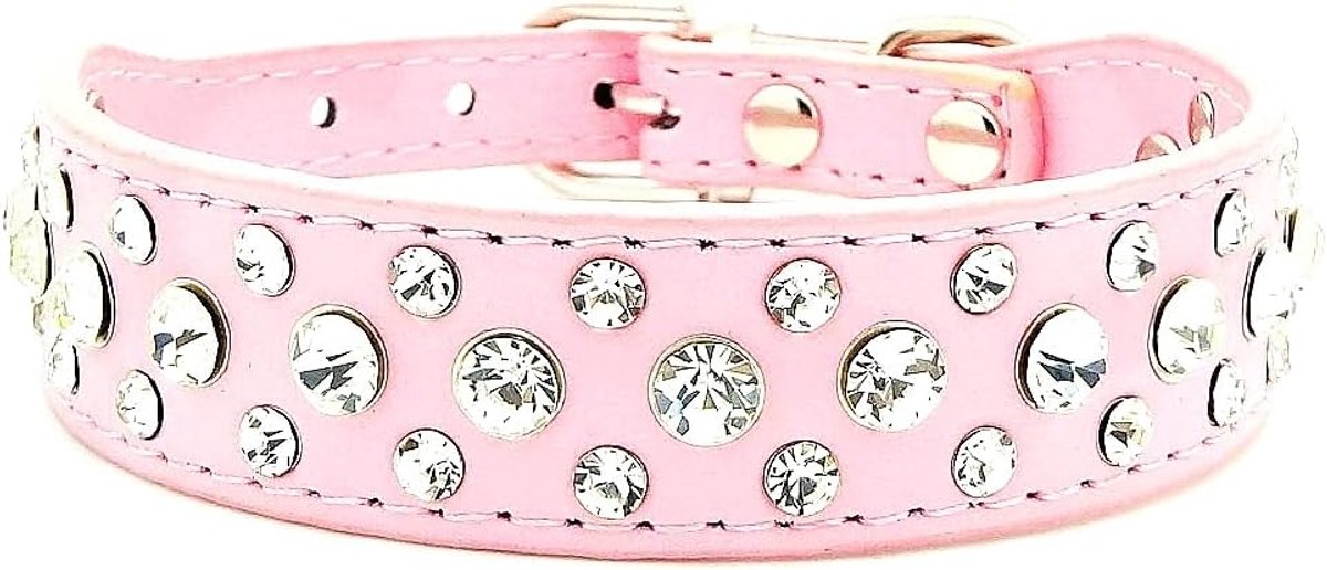 Hondenhalsband van kunstleer met strass voor honden en katten, maat XL, roze