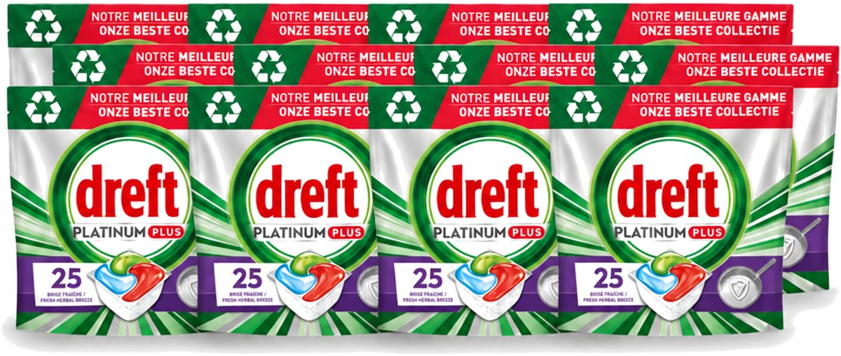 12 x Dreft Platinum Plus - Vaatwascapsules - Deep Clean Boosted - Fresh Herbal Breeze - 25 Afwasbeurten - Voordeelverpakking - 12 stuks
