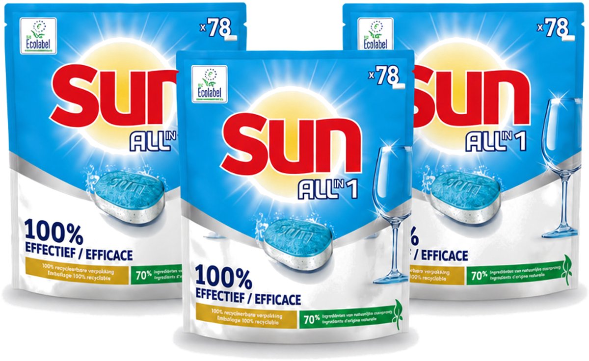3 x Sun All-in-1 - Eco Label - Vaatwastabletten - 78 Tabletten - Voordeelverpakking - 3 stuks