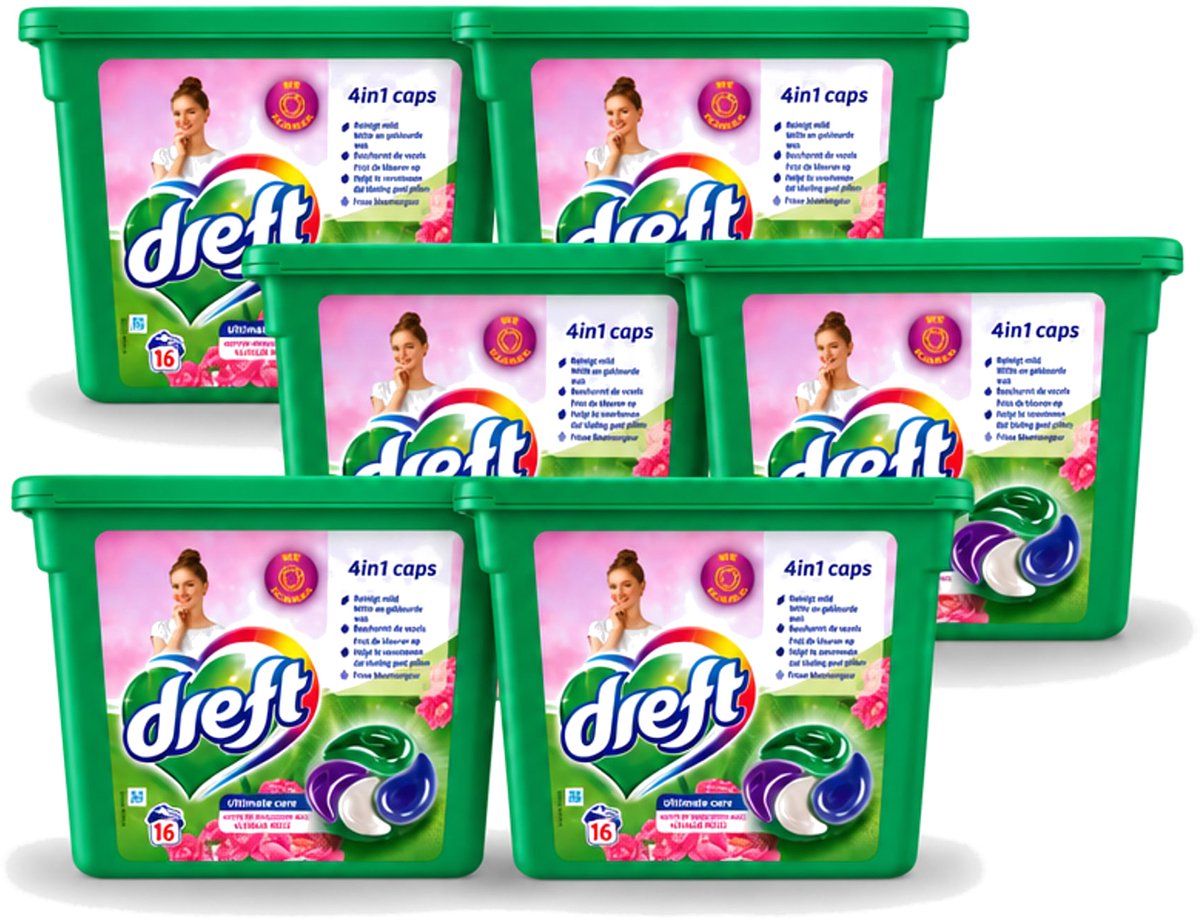 6 x Dreft - Wasmiddelcapsules 4in1 - Witte en Gekleurde Was - Vleugje Roze - 16 Wasbeurten - Voordeelverpakking - 6 stuks