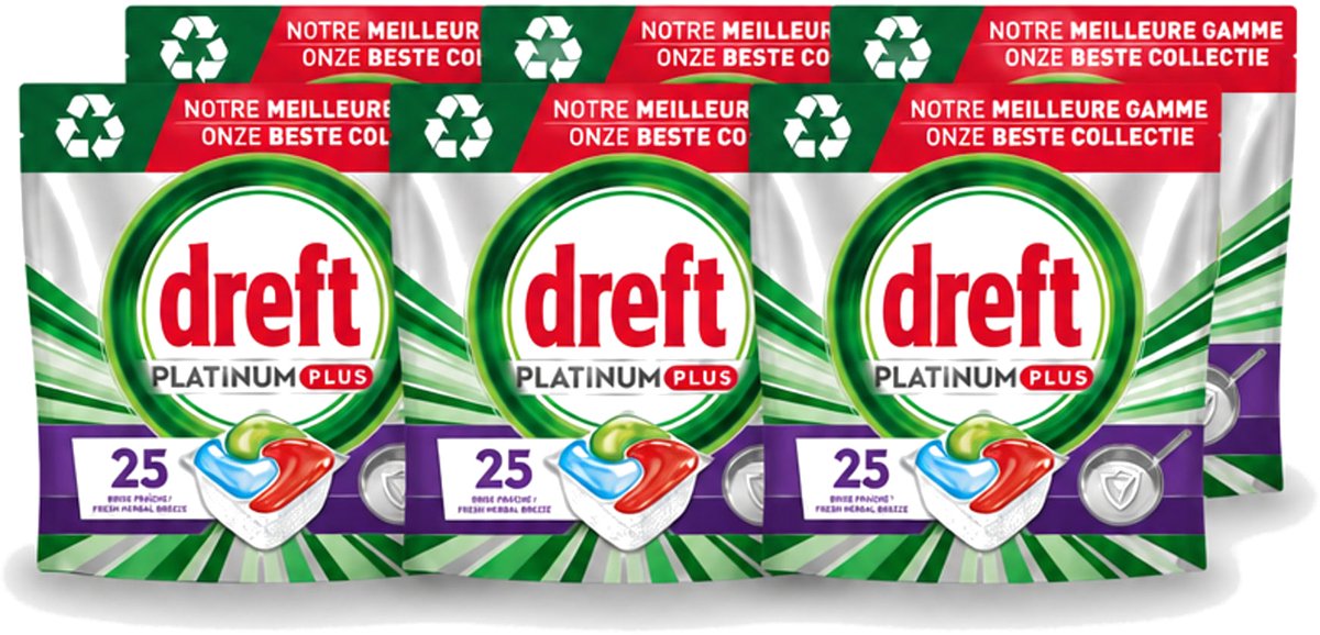 6 x Dreft Platinum Plus - Vaatwascapsules - Deep Clean Boosted - Fresh Herbal Breeze - 25 Afwasbeurten - Voordeelverpakking - 6 stuks