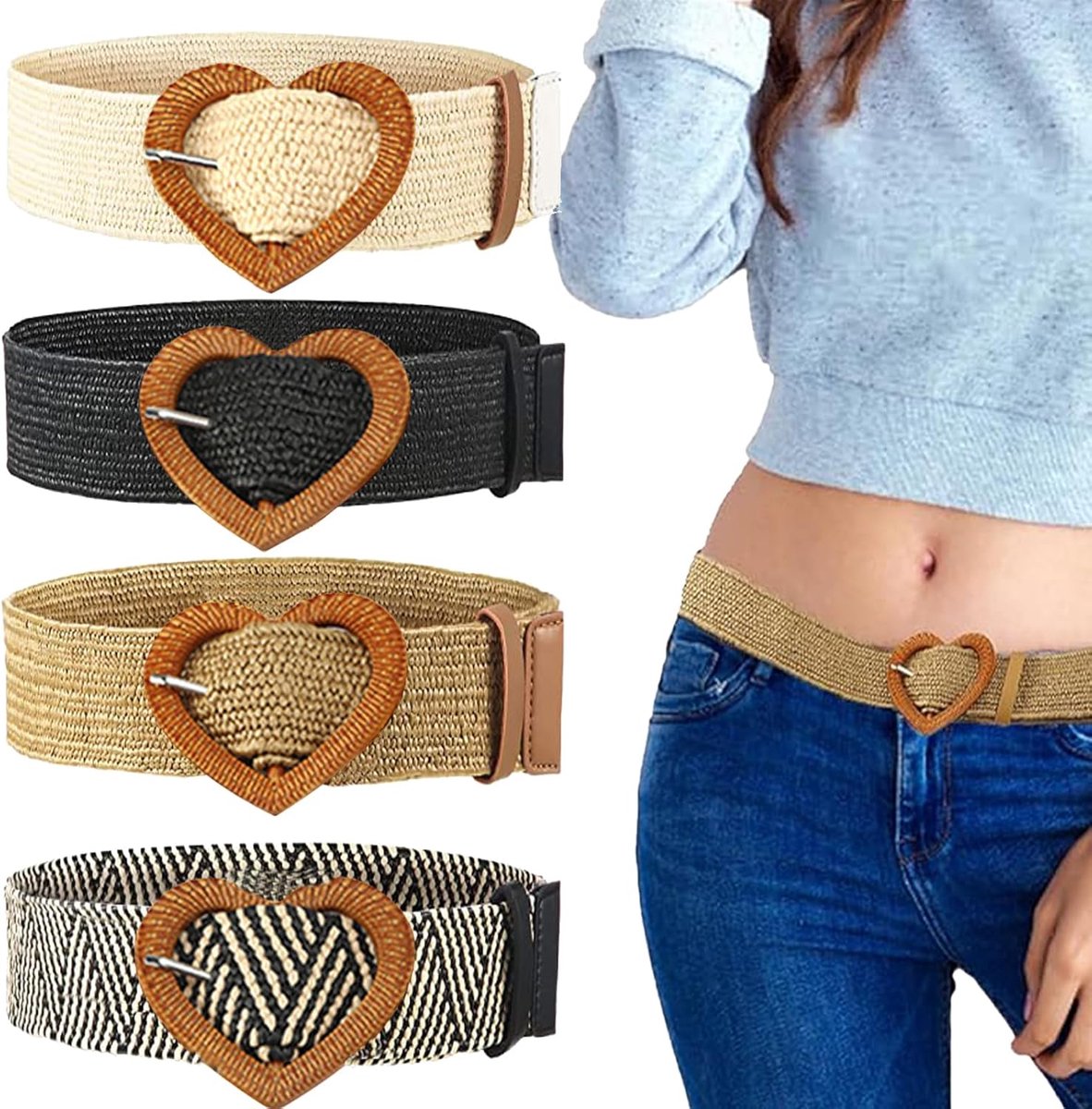 gevlochten damesriem 4-delige set - stro geweven - boho stijl - perfect voor dagelijks gebruik - ShopVlot