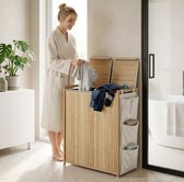 REDOM - Bamboe wasmand - 120 L inhoud - Scharnierend deksel en twee uitneembare trekkoordzakken - Vier zijvakken - Natuurlijk hout - 63 x 33 x 78 cm