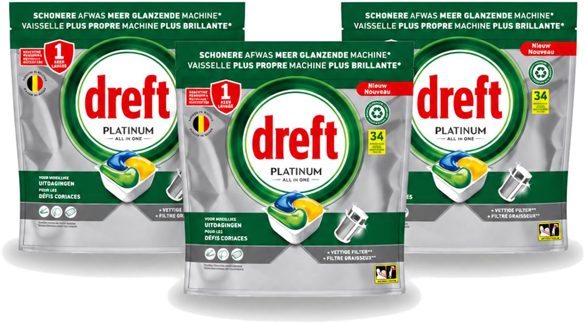 3 x Dreft Platinum - All In One - Vaatwascapsules - Citroen - 34 Afwasbeurten - Voordeelverpakking - 3 stuks