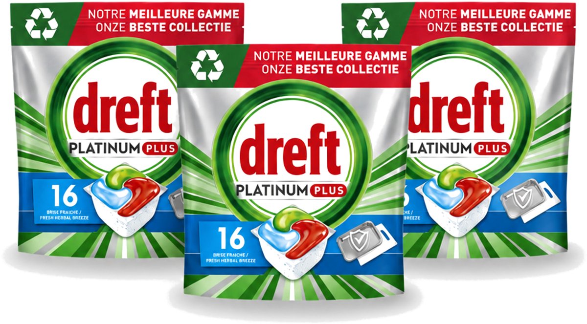 3 x Dreft Platinum Plus - All In One - Vaatwascapsules - Fresh Herbal Breeze - 16 Afwasbeurten - Voordeelverpakking - 3 stuks